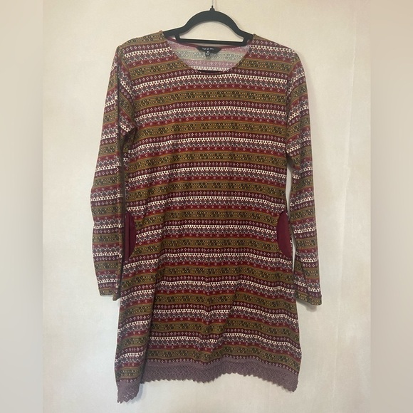Yak & Yeti women's M nordic print crochet trim pocket tunic mini dress EUC - Picture 2 of 8